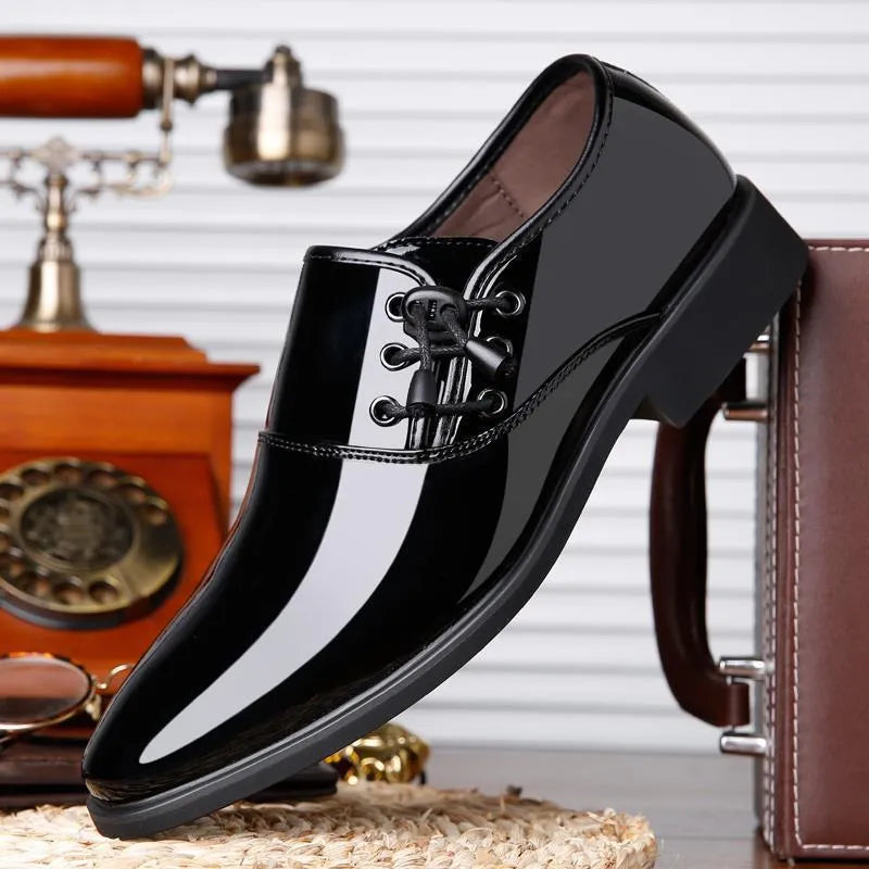 Men's black and brown business formal shoes with square heel and round toe