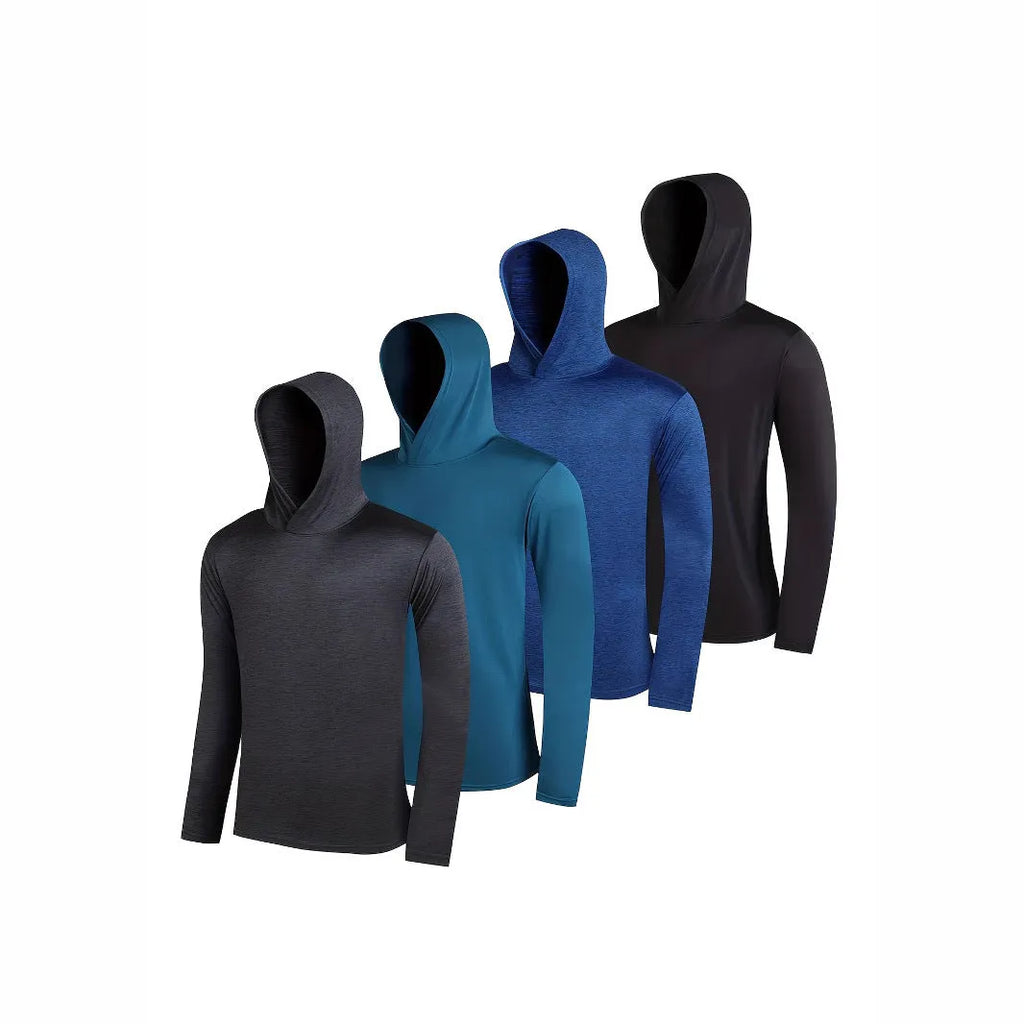 Four men's lightweight polyester hoodies folded, showing colour options Wthm-451, Wthm-452, Wthm-453, Wthm-455, Wthm-456.