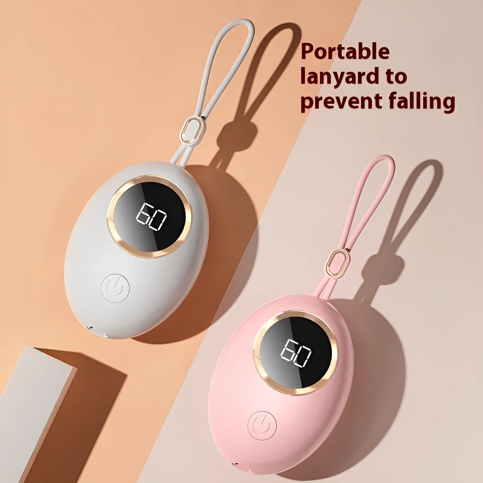 A portable hand warmer power bank with a digital display, shown in one of six available colours.