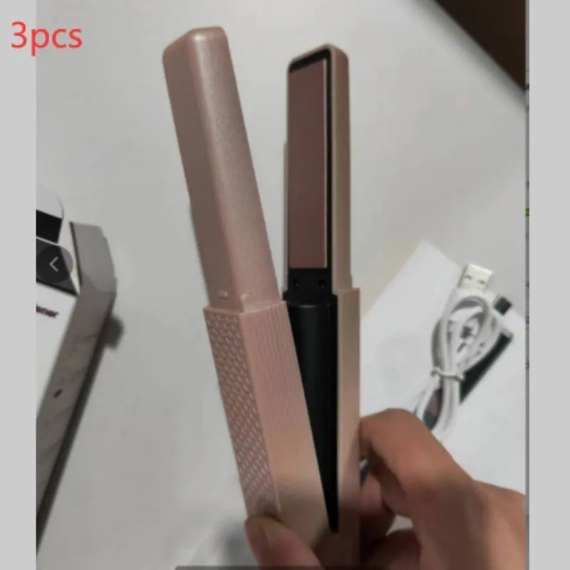Pink and green cordless USB hair straightener with ceramic plates and digital temperature display.
