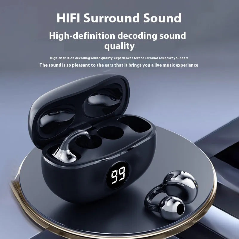 D151 wireless bone conduction headset in black with digital display and blue light, placed on a reflective surface