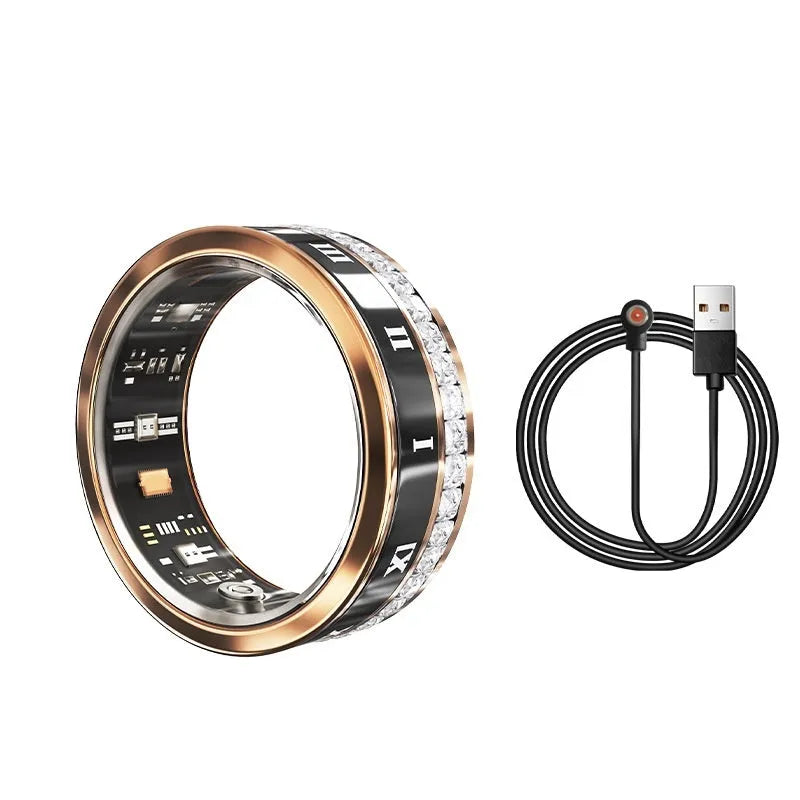 Diamond inlaid smart ring in silver and gold on finger, showing health tracking sensors.