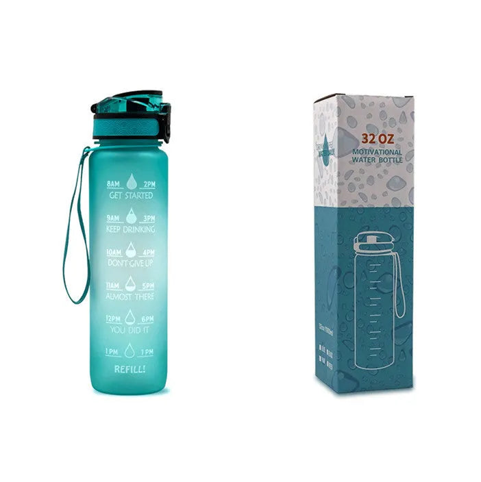 Blue and red gradient 1-litre Tritan sports water bottle with time markers, flip-top lid, and wrist strap.