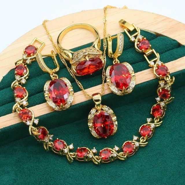 Women's rhinestone zircon jewellery suit with snake bones chain showing necklace, earrings, and ring in electroplated copper