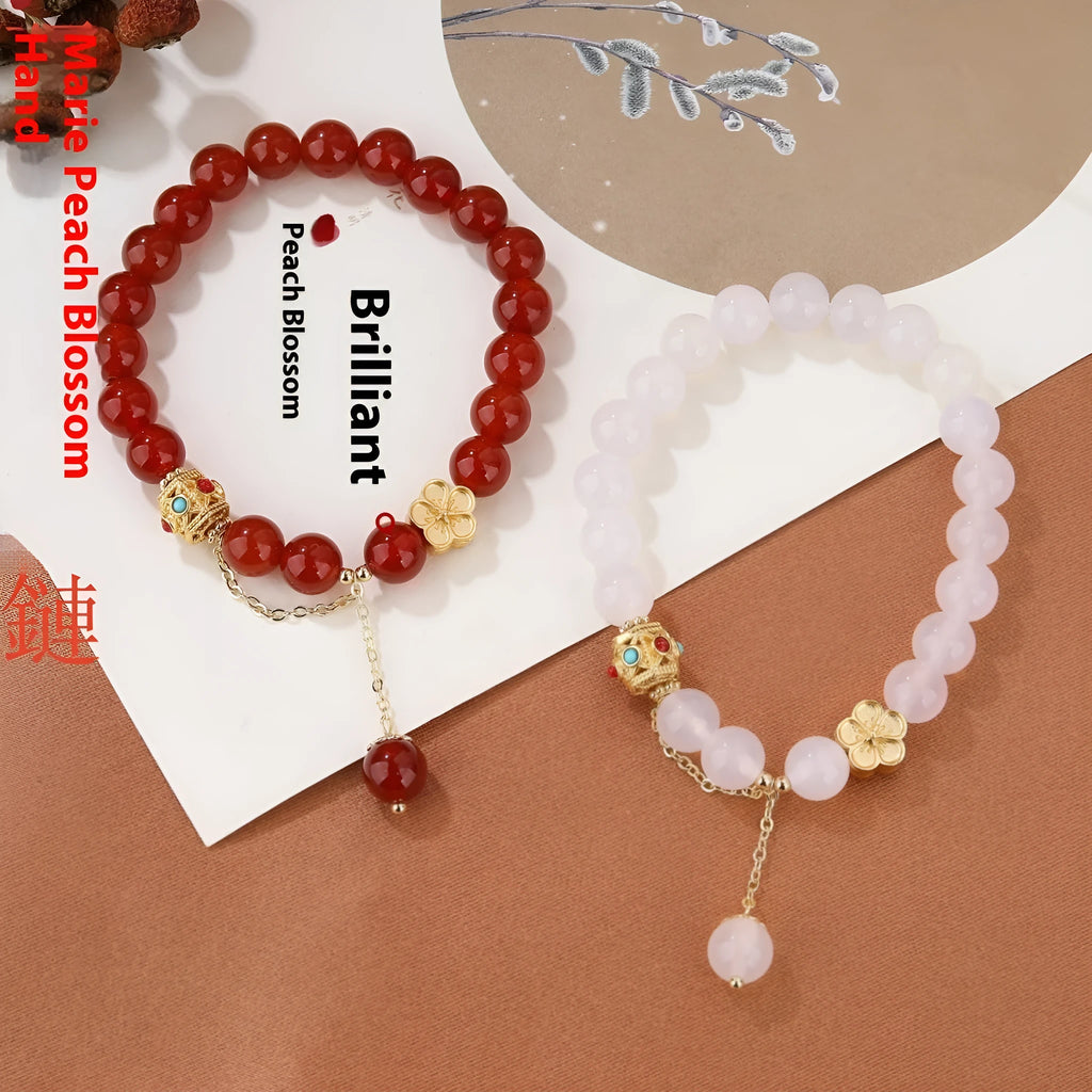 Natural agate bracelet with peach blossom stones and copper components, approximately 8mm bead size