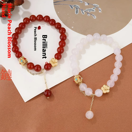 Natural agate bracelet with peach blossom stones and copper components, approximately 8mm bead size