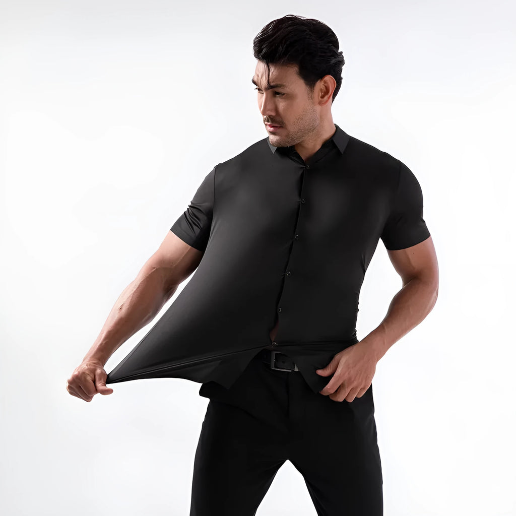 Men's short sleeve shirt in elastic fabric with cardigan style and multiple colour options