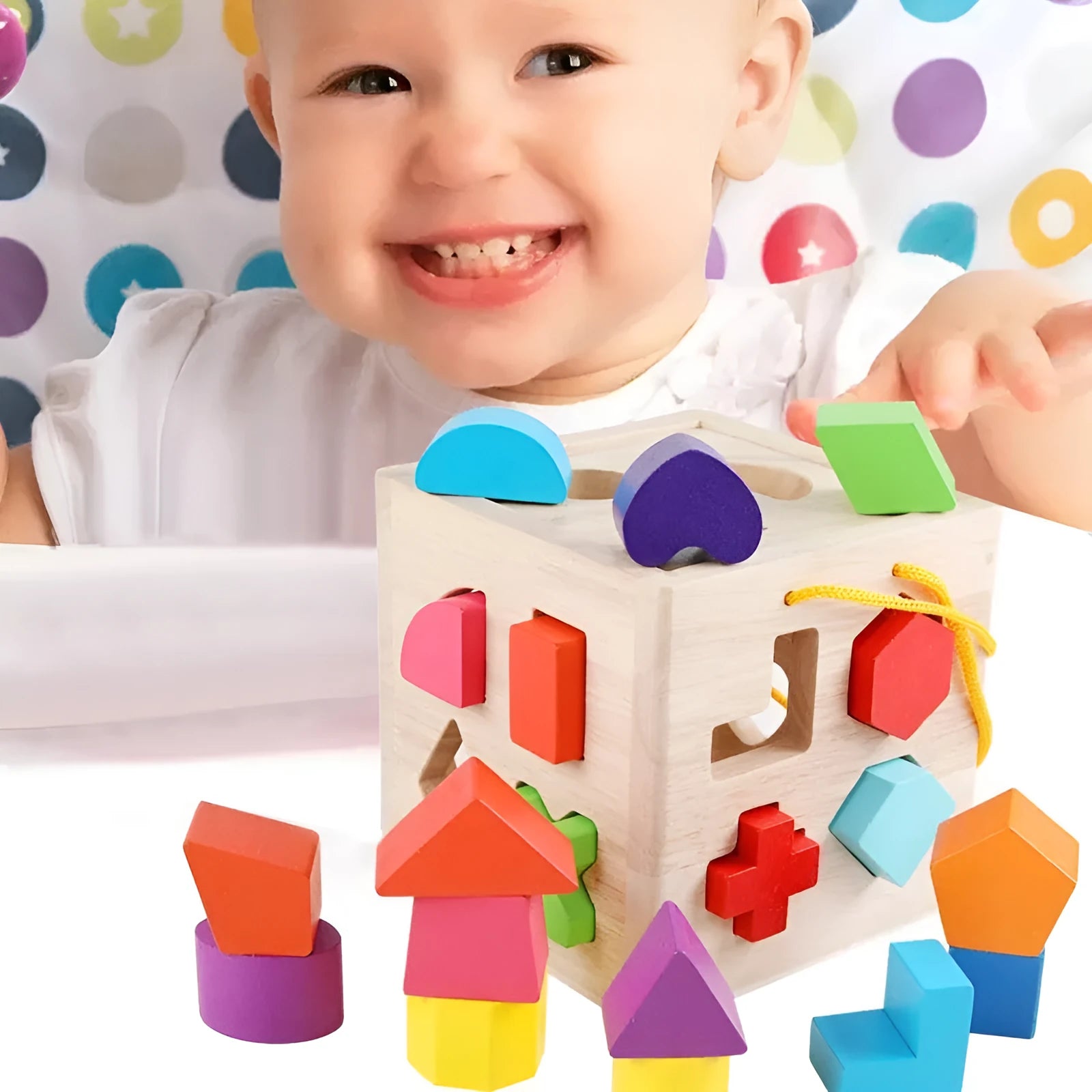 Wooden geometric shape matching baby building blocks with intelligence boxes and wheels for infants 0-3 years