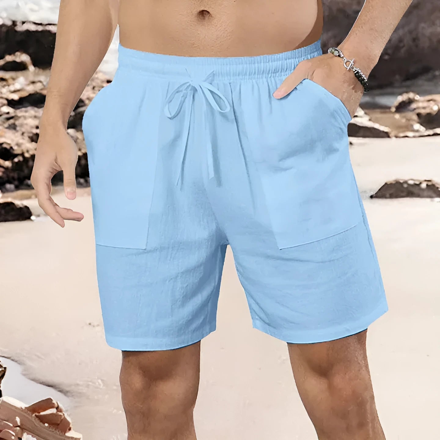 Men's casual cotton linen shorts in light blue colour with straight leg sports design
