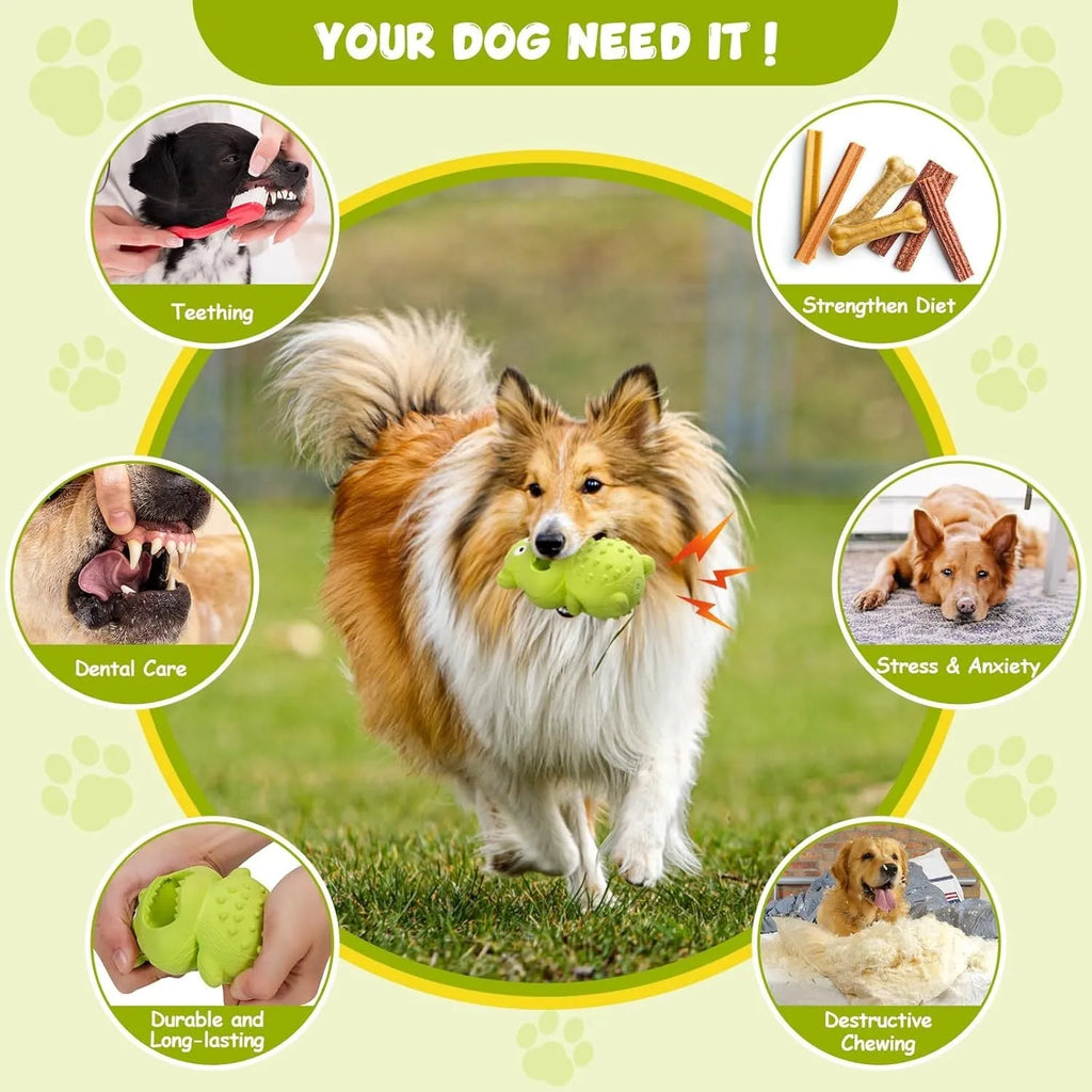 Green and yellow natural rubber squeaky dog chew toy for large dogs.