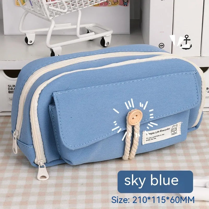 Canvas button pencil case in green, beige, blue or grey with capacity for 80 pens