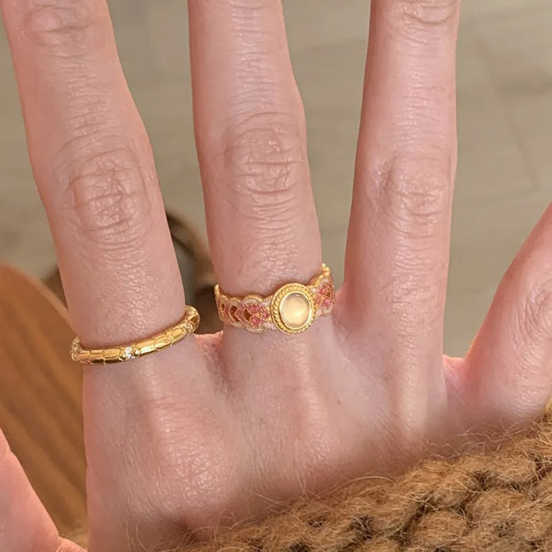 Pink crystal enamel geometric open ring on gold plated copper band for women