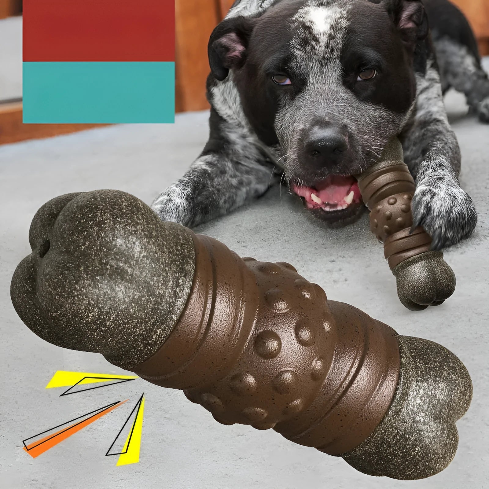 Wood-coloured plastic dog toy shaped with a sounding bone and a molar rod for chewing.
