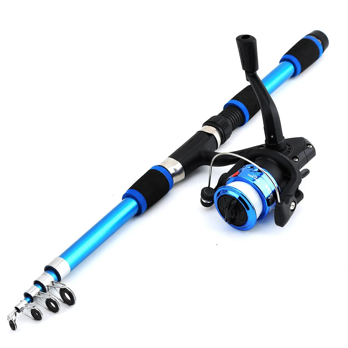 Children's beginner fishing rod kit with a blue pole and matching reel on a green background.