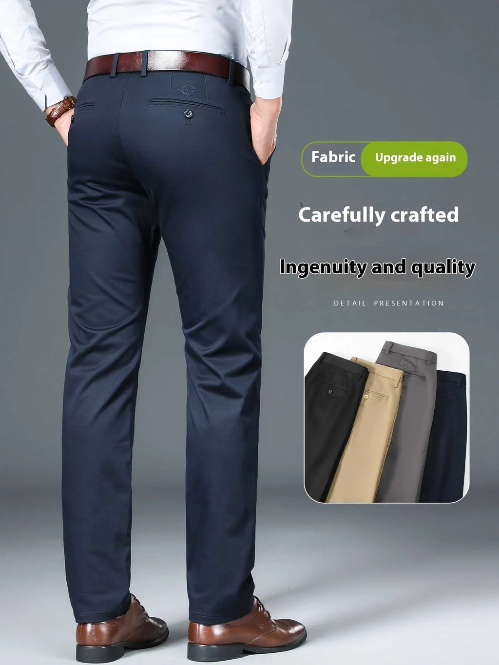 Men's straight-cut non-ironing casual trousers in black, shown flat.