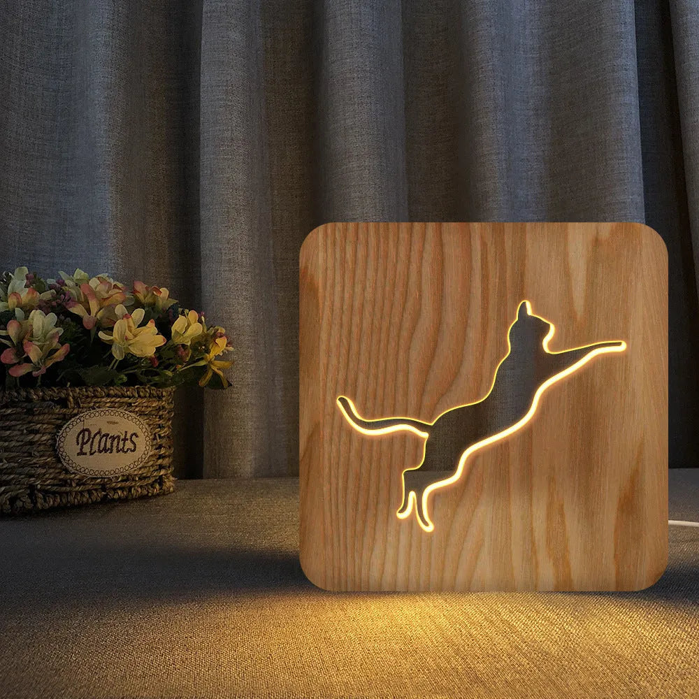 Wooden cat-shaped 3D night light with hollow design and USB power cord