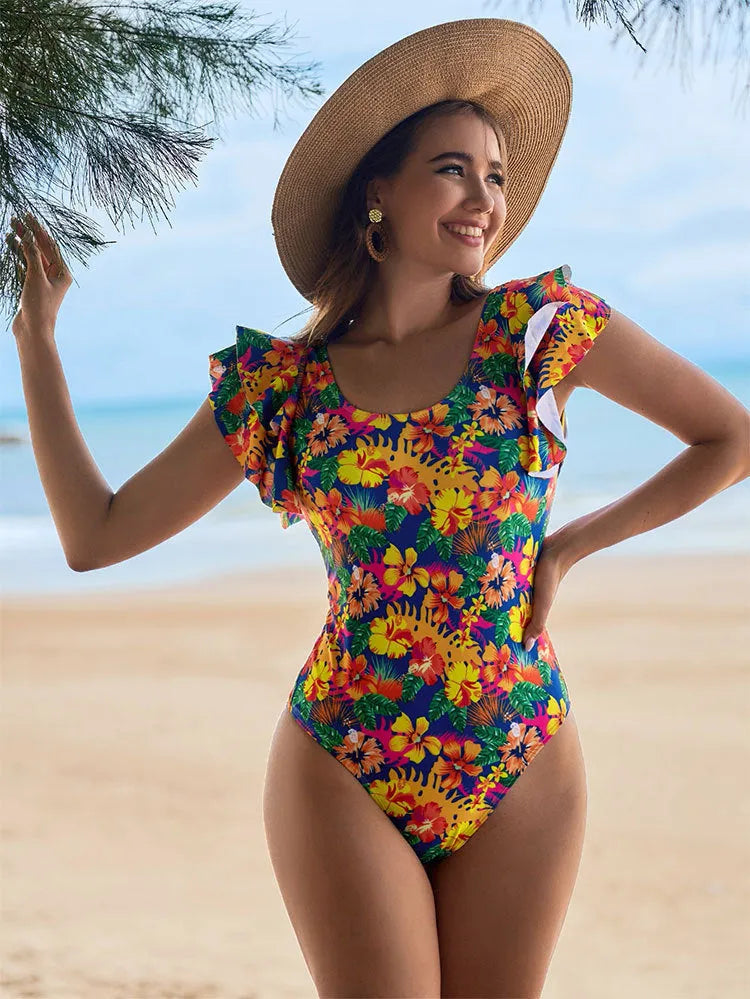 Women's one-piece swimsuit with U-shaped neckline and lace detailing on polyester fabric.