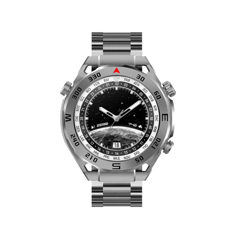 Smart phone Bluetooth sports watch with 1.39 inch screen, zinc alloy IML case, liquid silicone steel belt strap, in Black, Gold, or Silver.