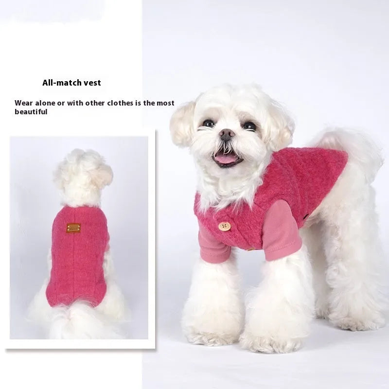 Korean cashmere vest style cotton dog clothes in blue, red, and yellow for autumn and winter wear