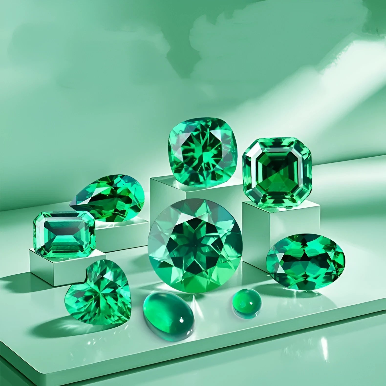 Columbia green cultivated emerald synthetic gemstone in round and emerald cut shapes