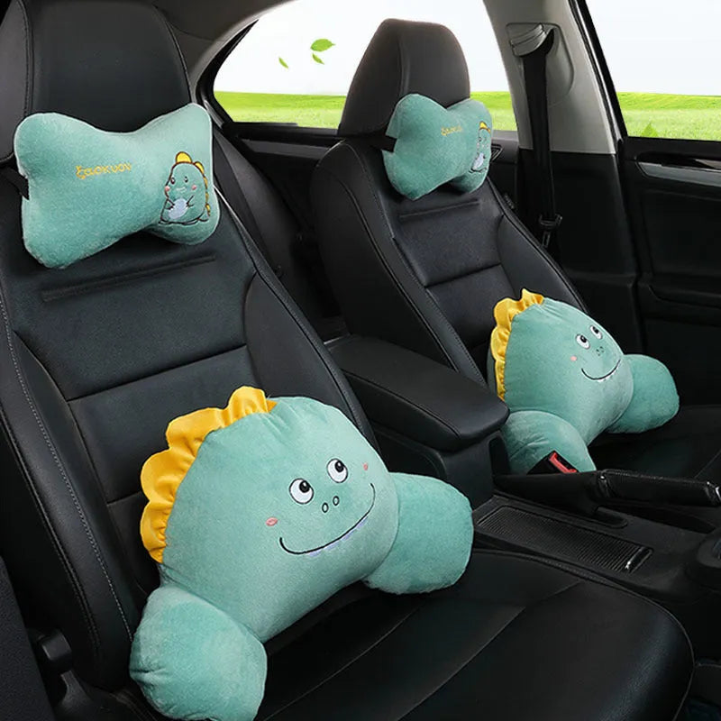 Cartoon automotive headrest and lumbar pillow set with wool filling and natural fibre cover