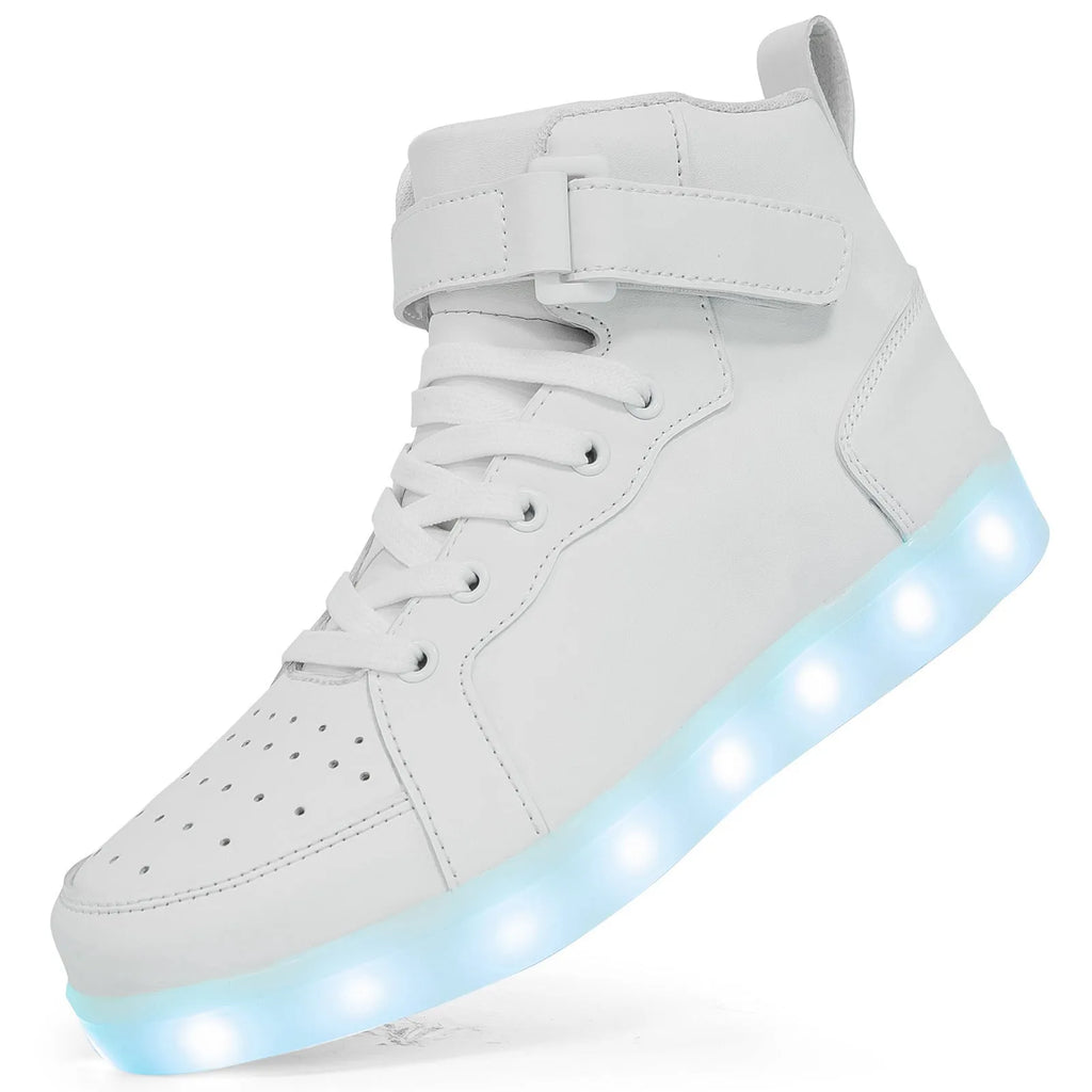 A pair of black high-top LED dancing shoes with Velcro fastening and a lit-up sole.