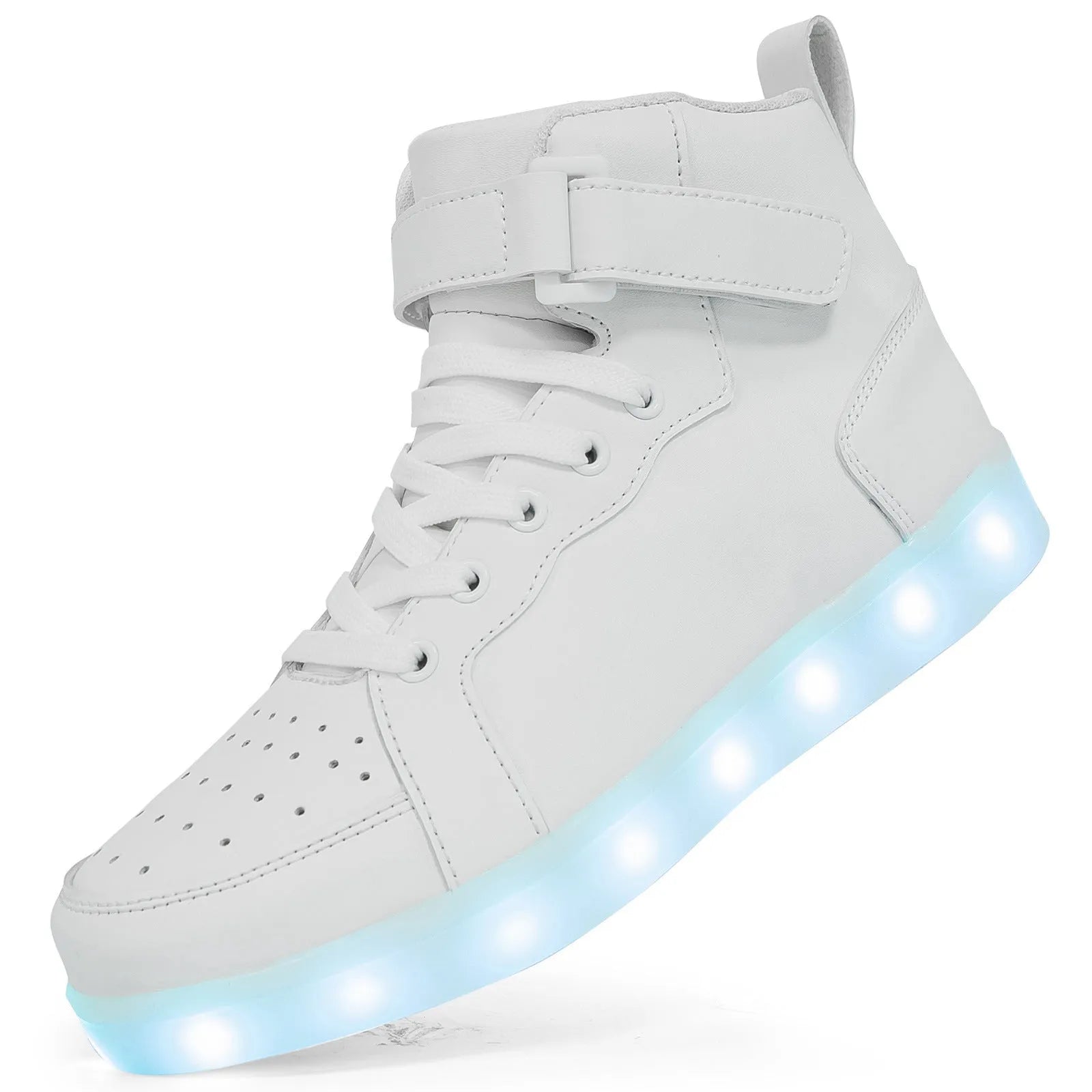 A pair of black high-top LED dancing shoes with Velcro fastening and a lit-up sole.