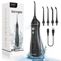 Black portable oral irrigator water flosser with water tank and nozzle for dental cleaning