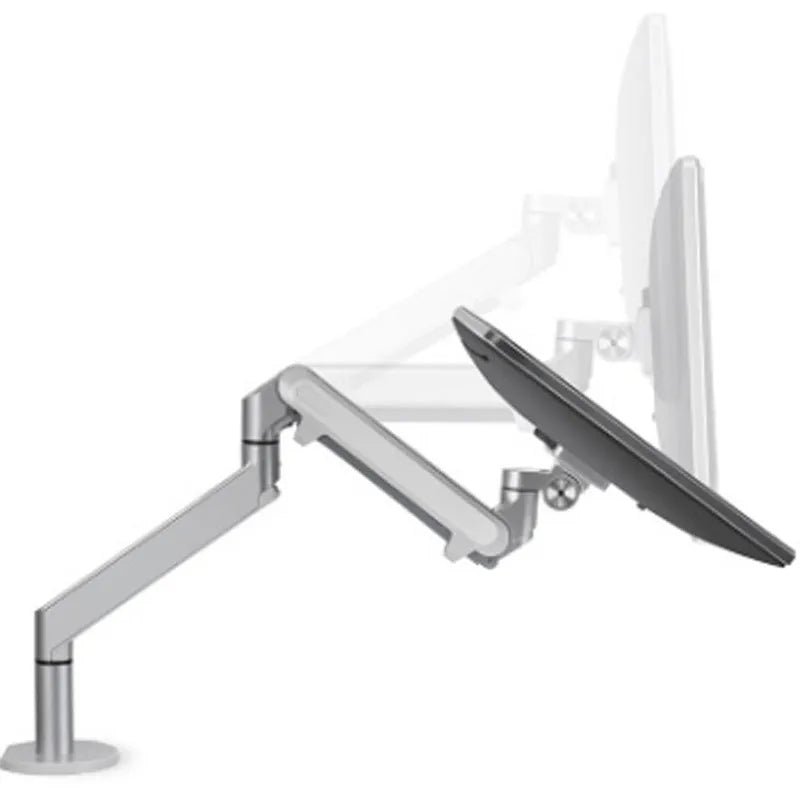 Silver aluminium laptop stand with an adjustable arm bracket on a wooden desk.
