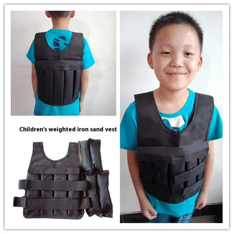 Child wearing an adjustable grey sand vest with secure straps, showing the thin voile fabric and distributed weight design.
