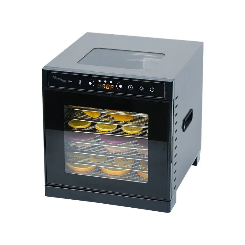 Stainless steel fruit dehydrator with visual skylight on top, showing multiple drying trays inside.