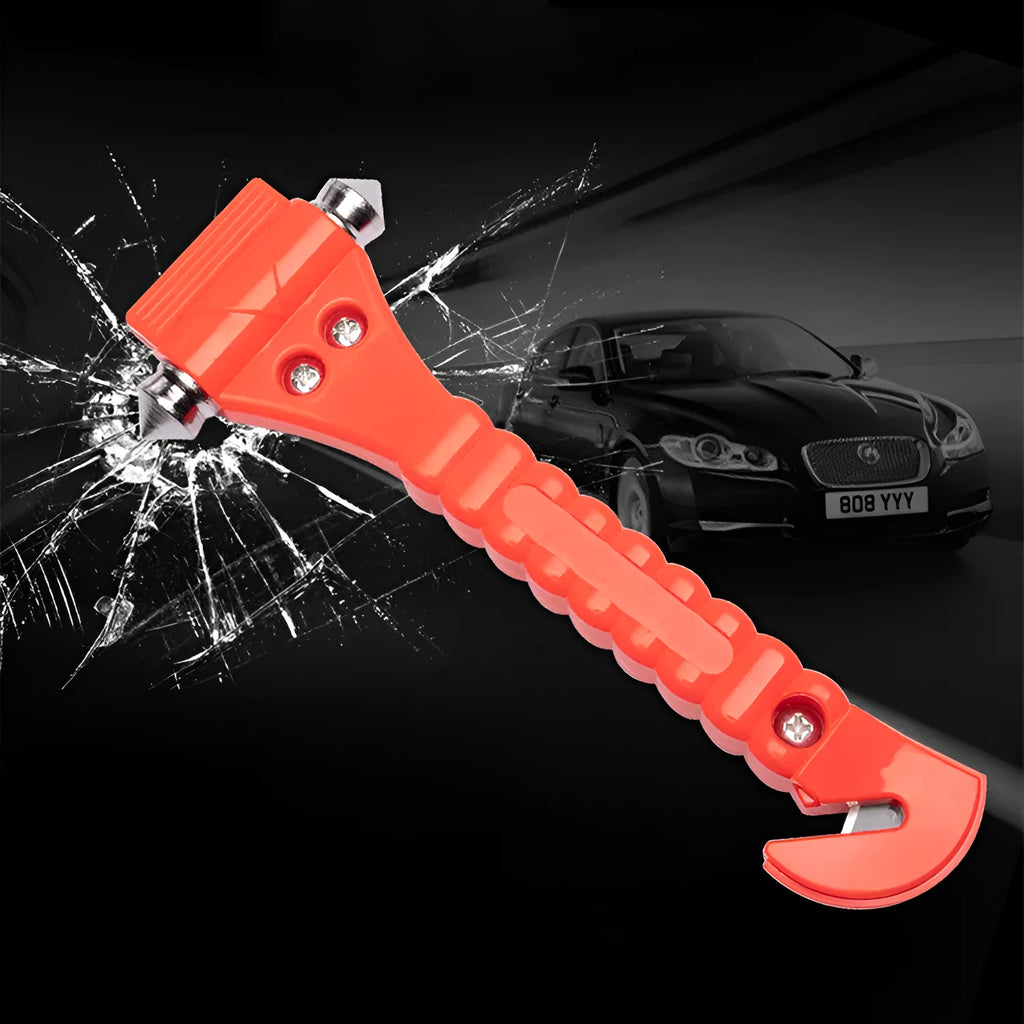 Red car emergency safety hammer with a carbon steel head and seatbelt cutter blade on an ABS plastic handle.
