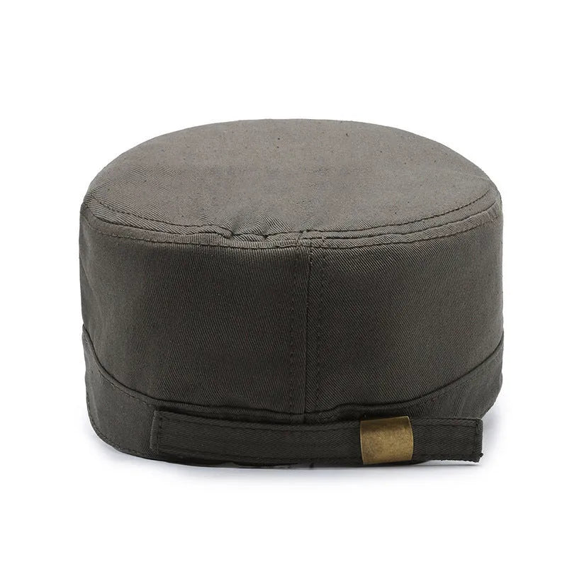Men's flat-top peaked cotton cap in army green with an adjustable strap and English letter detail on the front.