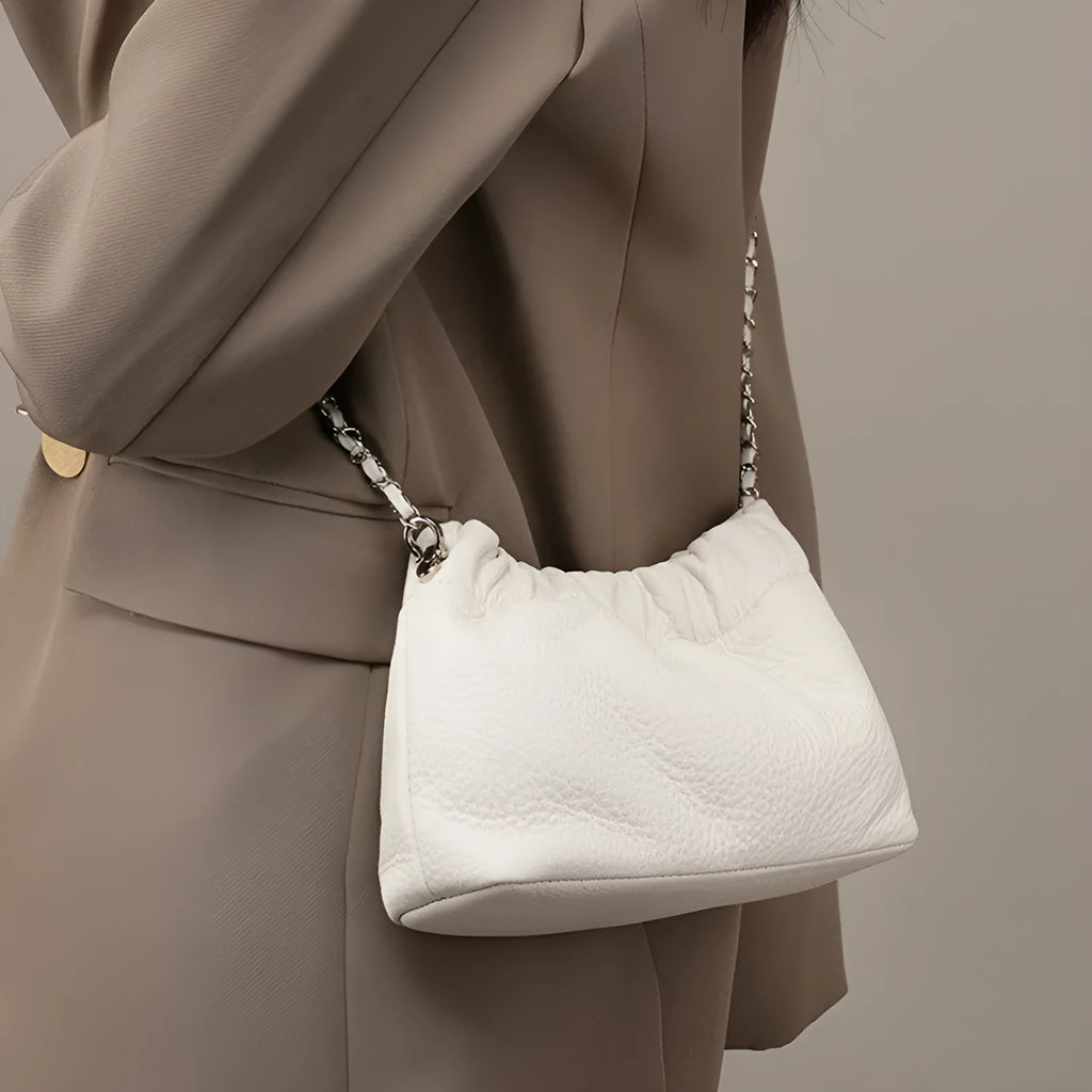 Genuine cowhide leather women's crossbody bag with chain shoulder strap in dumpling shape