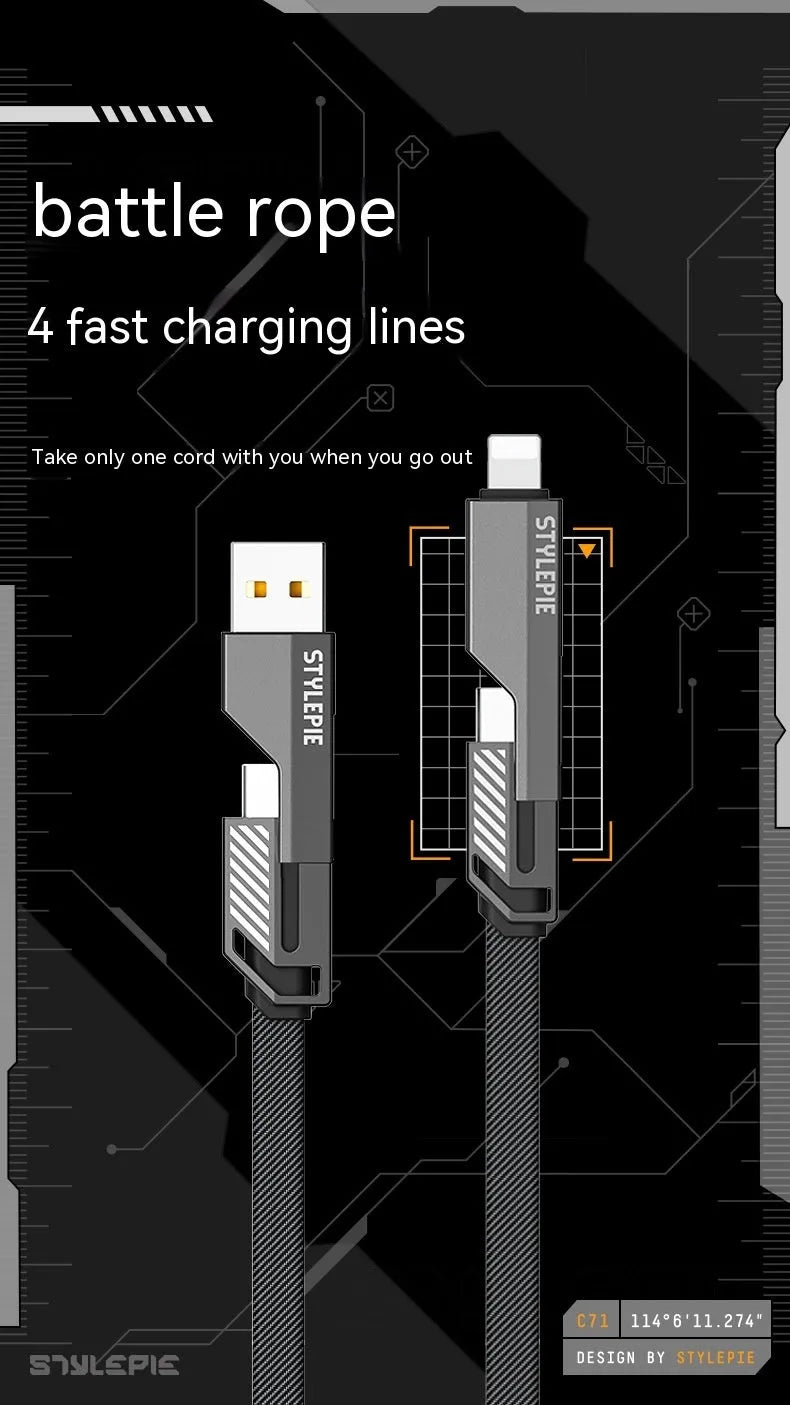 C71L 240W four-in-one fast charge data cable in Tungsten Black with zinc alloy connector and braided nylon cable