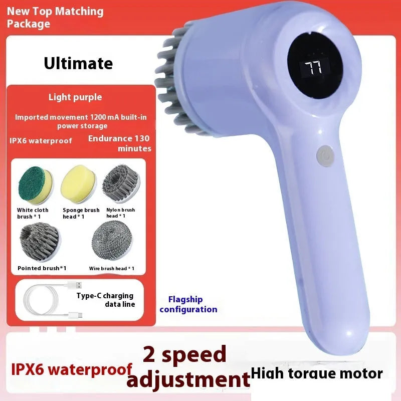 Light grey USB rechargeable electric cleaning brush with multiple interchangeable heads for kitchen use.