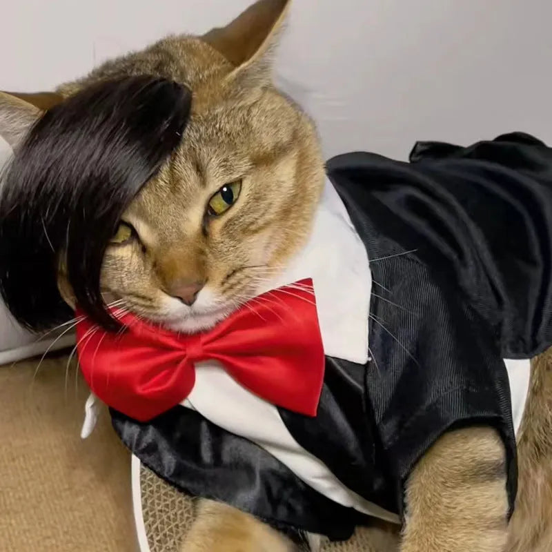 Black polyester braided fox costume wig fitted on a cat for humorous dress-up.