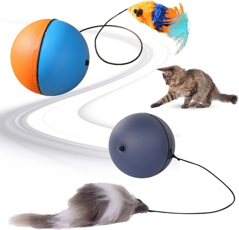 Blue orange and grey automatic rolling electric ball toy for cats and dogs on a hardwood floor