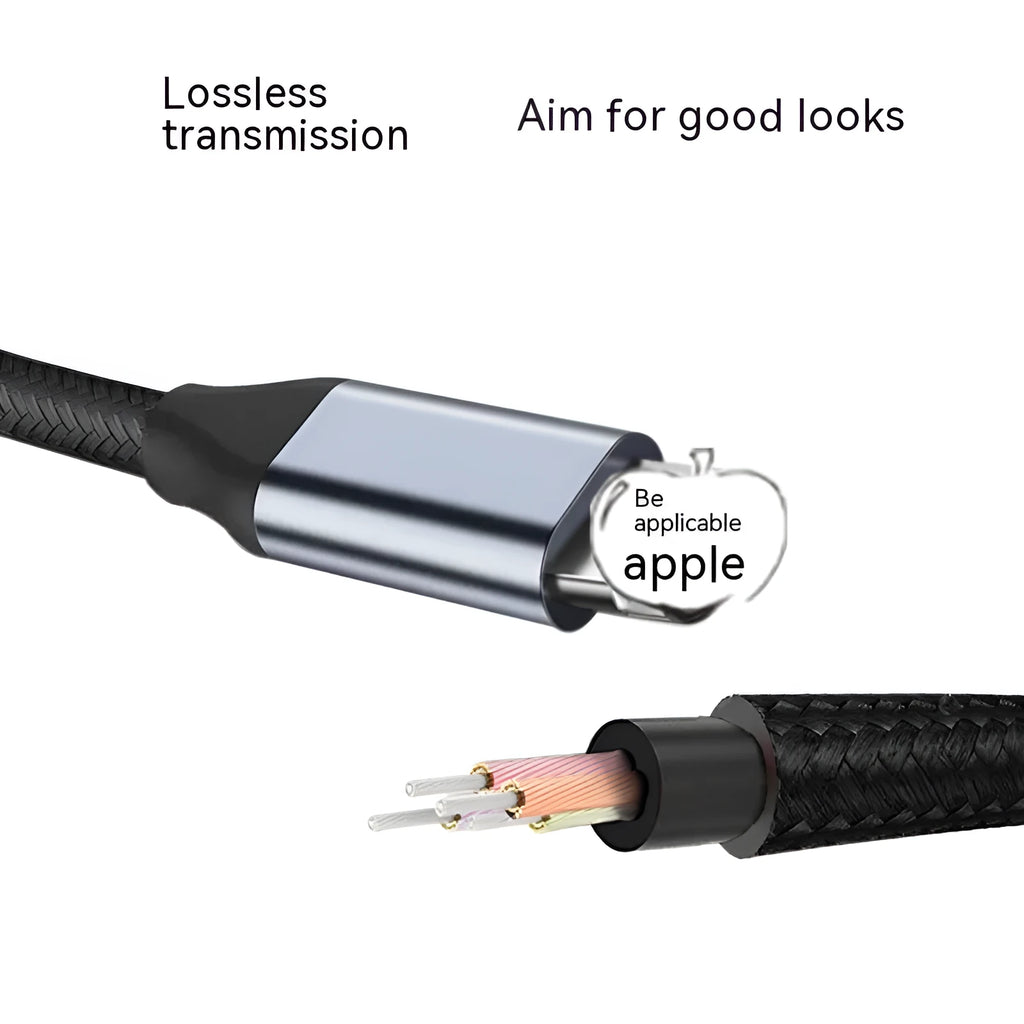 Black braided Lightning to 3.5mm male AUX audio adapter cable on white background