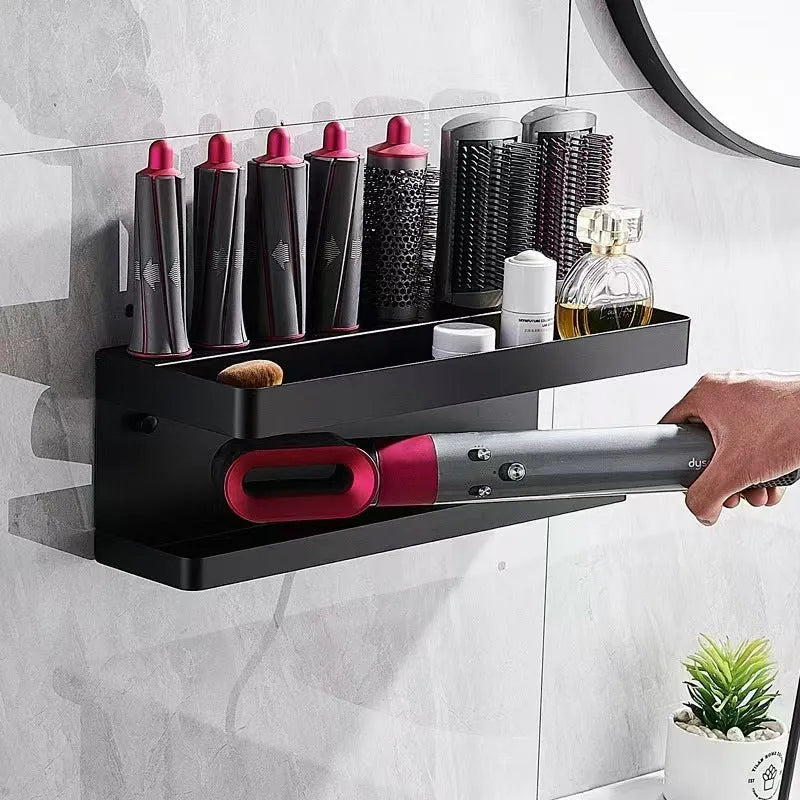 White punch-free double-layer aluminium bathroom storage rack for hair curlers on a countertop.