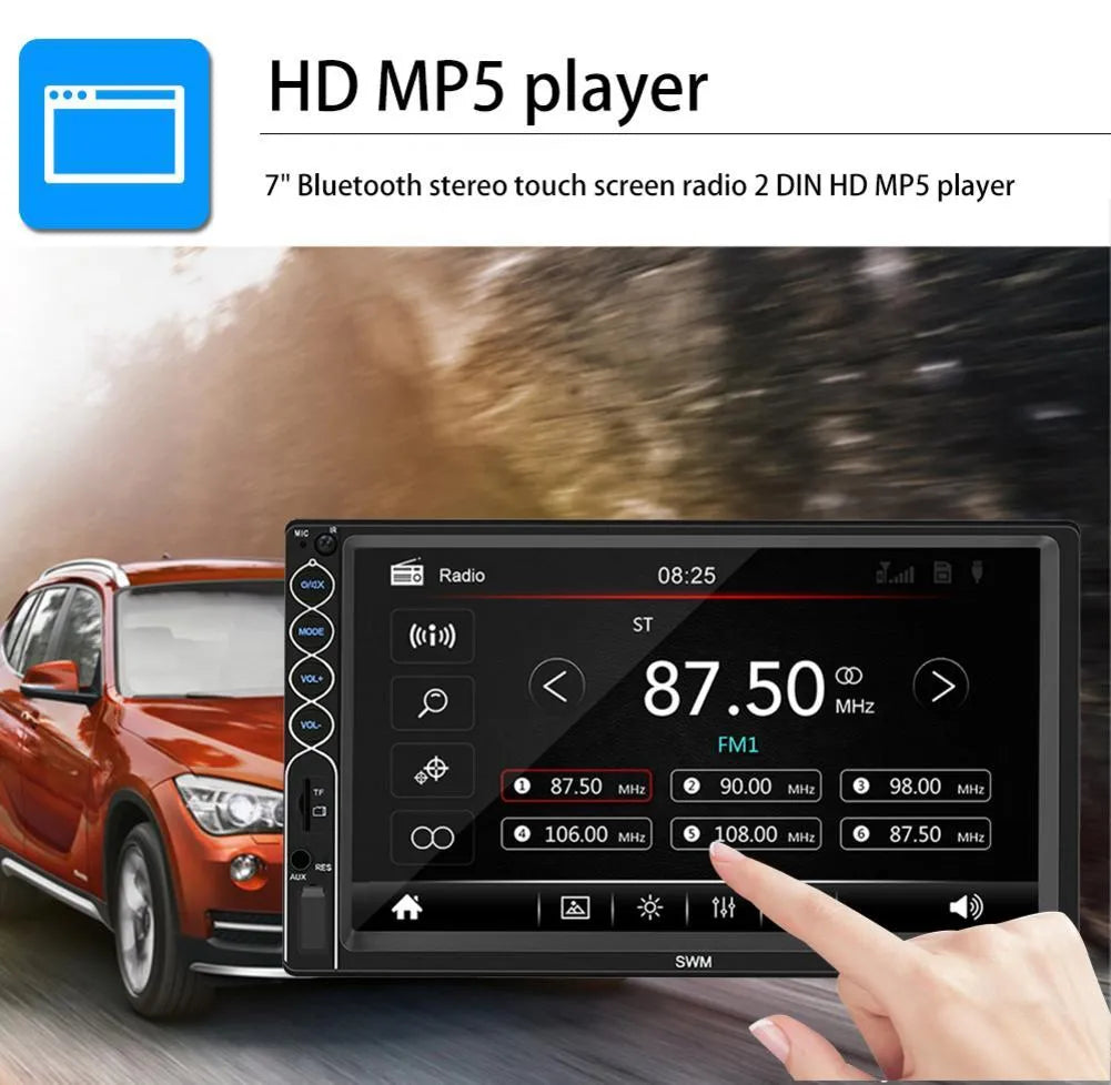 7 inch double DIN car MP5 player with TFT touchscreen, USB, SD, and Bluetooth connectivity