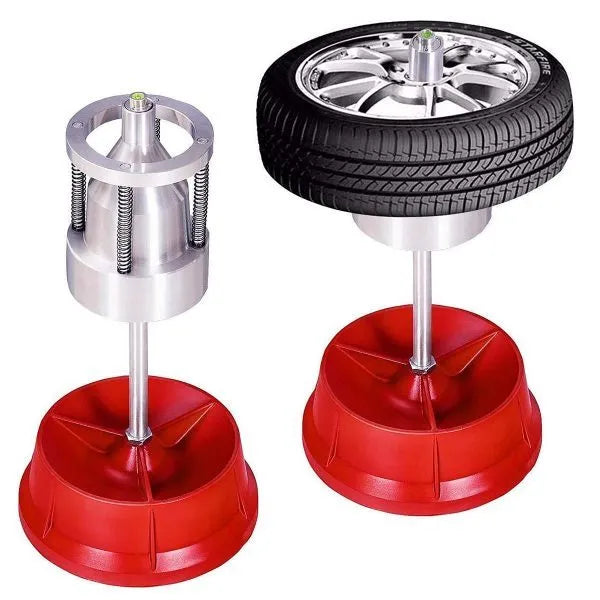 Portable aluminium hub balancer for car wheels with bull's eye level on a non-rust enamel base.