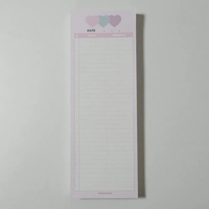 Vertical B5 half-size notepad with English words printed on paper, shown in pink, purple, and blue cover colours.