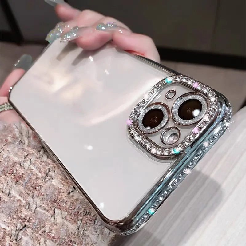 Rhinestone iPhone case in blue with all-inclusive glass back and TPU silicone frame