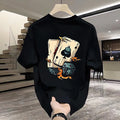 Men's black heavy cotton short-sleeve T-shirt with a printed design on a hanger.
