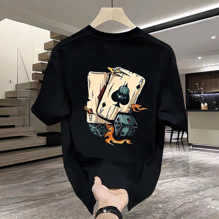 Men's black heavy cotton short-sleeve T-shirt with a printed design on a hanger.