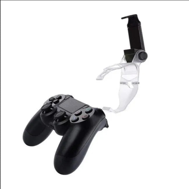 Black PS4 controller clip attached to a DualShock 4 holding an Android smartphone with connected OTG cable