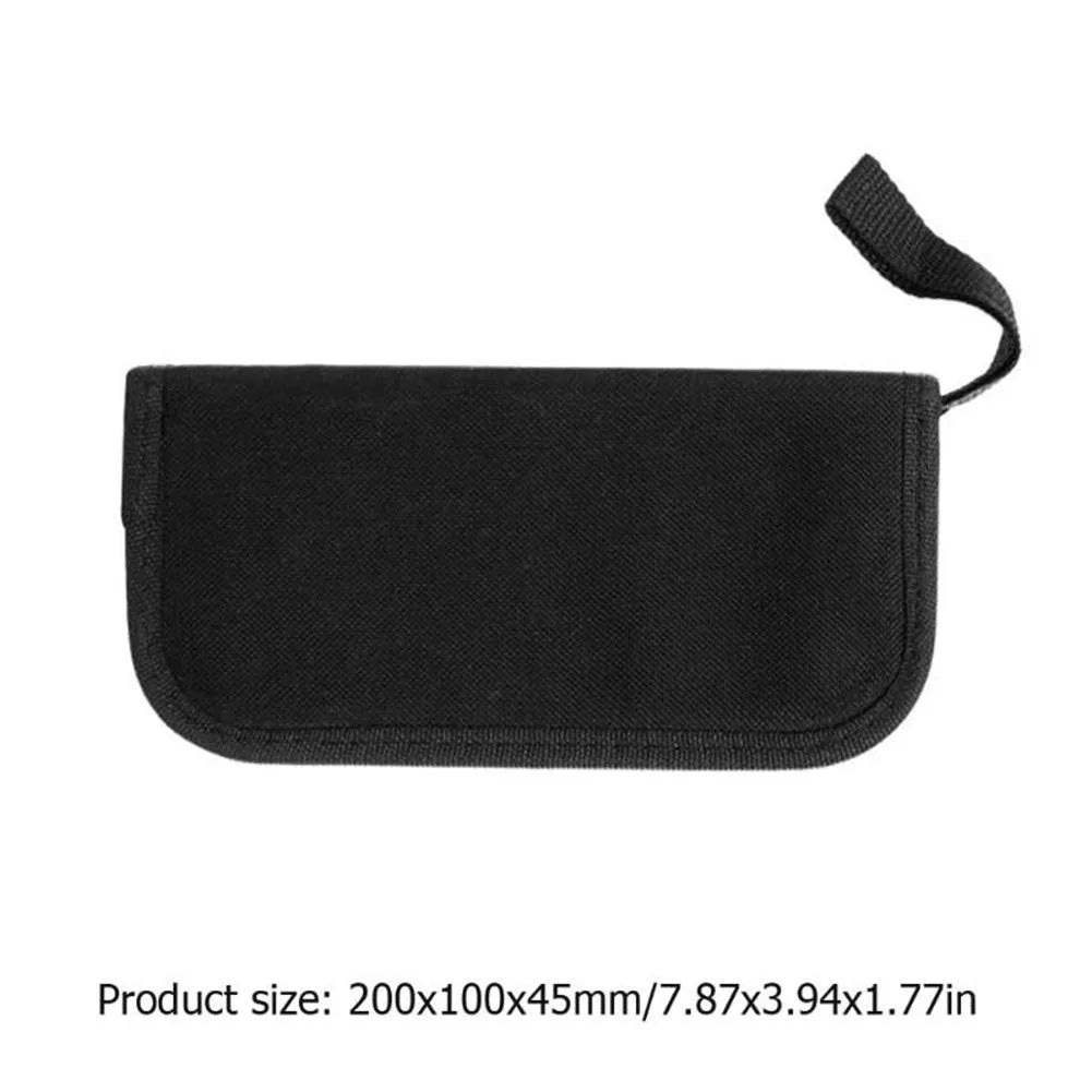 Black zippered case open to reveal 21 metal and plastic guitar repair tools including cutters, wrenches, and a winder.