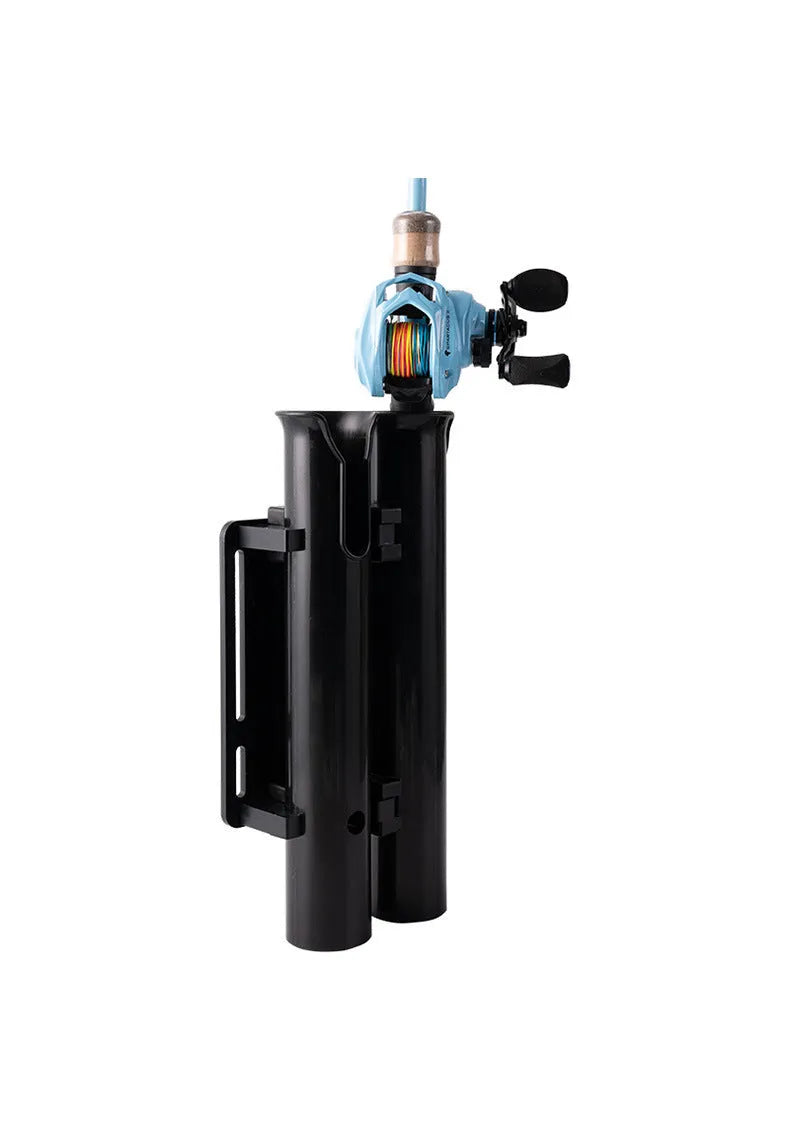 Carbon plastic fishing rod rack mounted on a bicycle frame for transporting fishing gear.