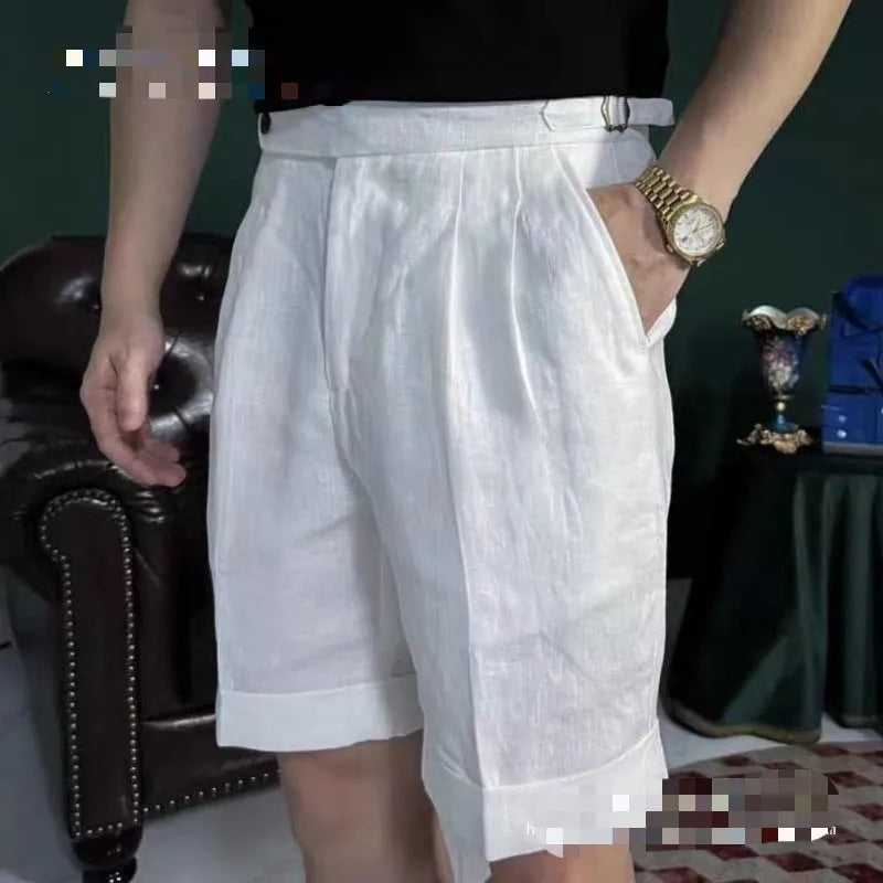 Men's linen five-point cuffed shorts in navy blue, double waist, casual style